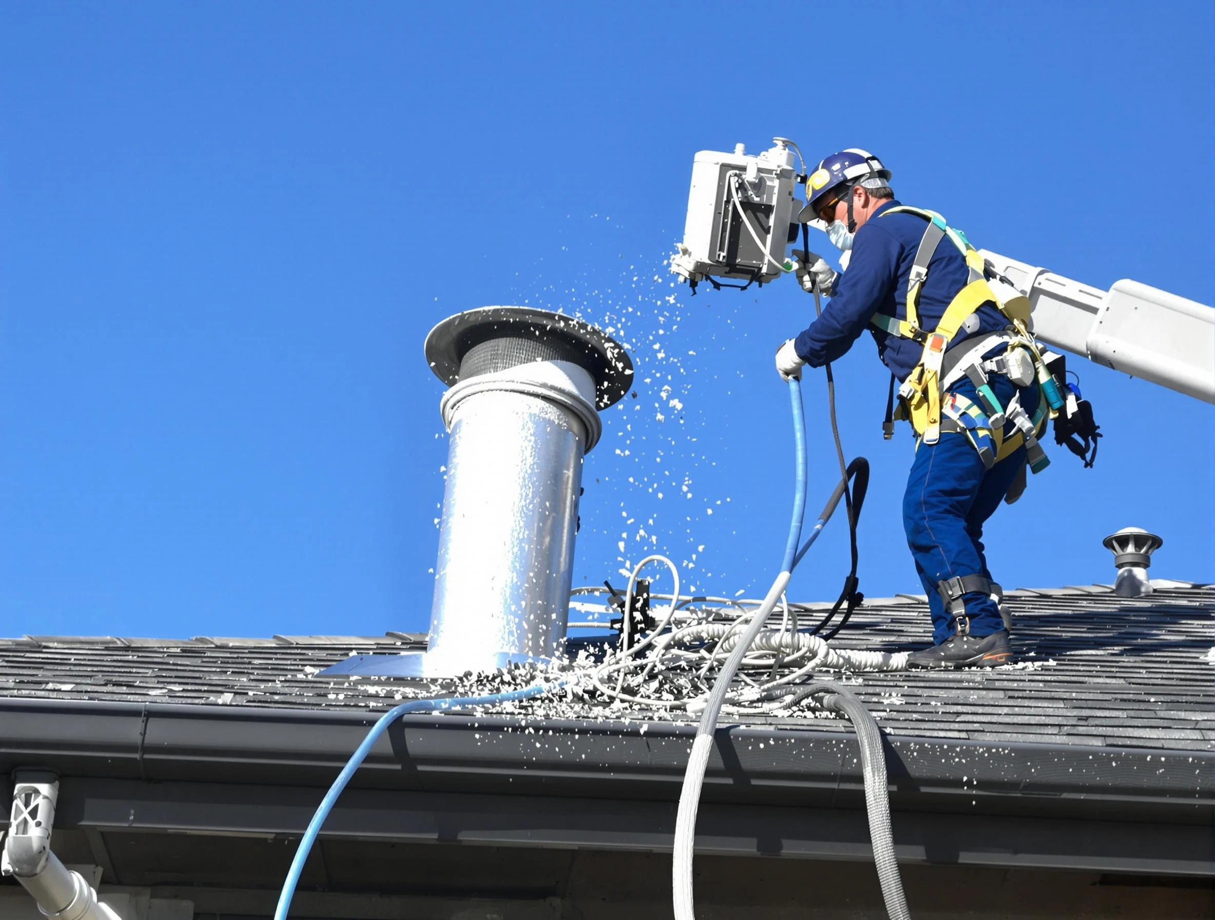 Mountain Brook Dryer Vent Cleaning certified technician safely cleaning a roof-mounted dryer vent in Mountain Brook