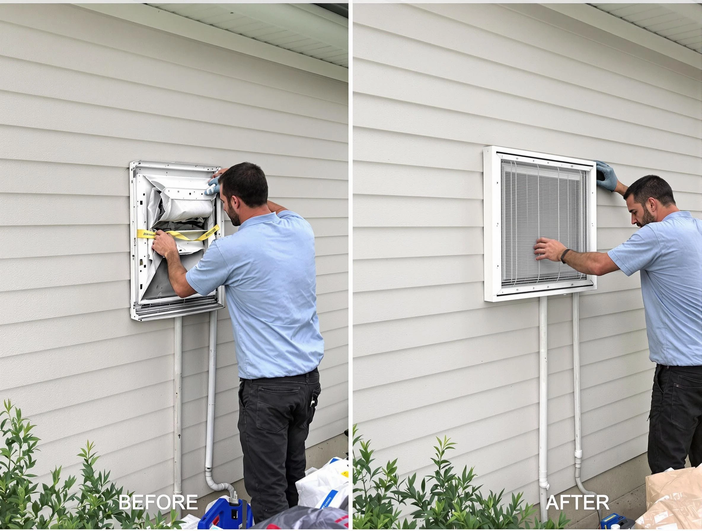 Mountain Brook Dryer Vent Cleaning technician installing high-quality dryer vent cover at a residential property in Mountain Brook
